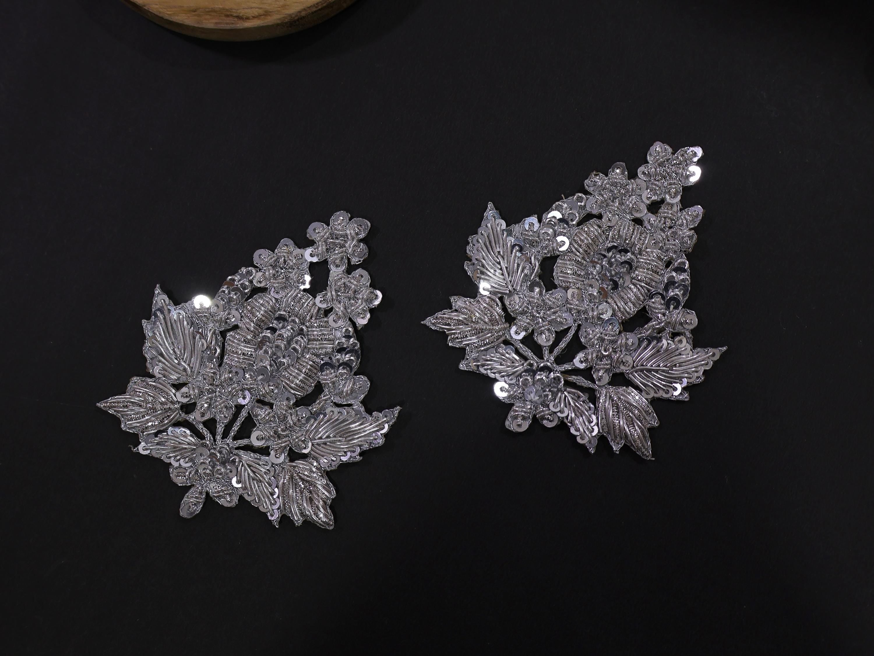 Set of 4 Silver Zardozi Embroidered Sequin Applique Patches (9x8 cm)