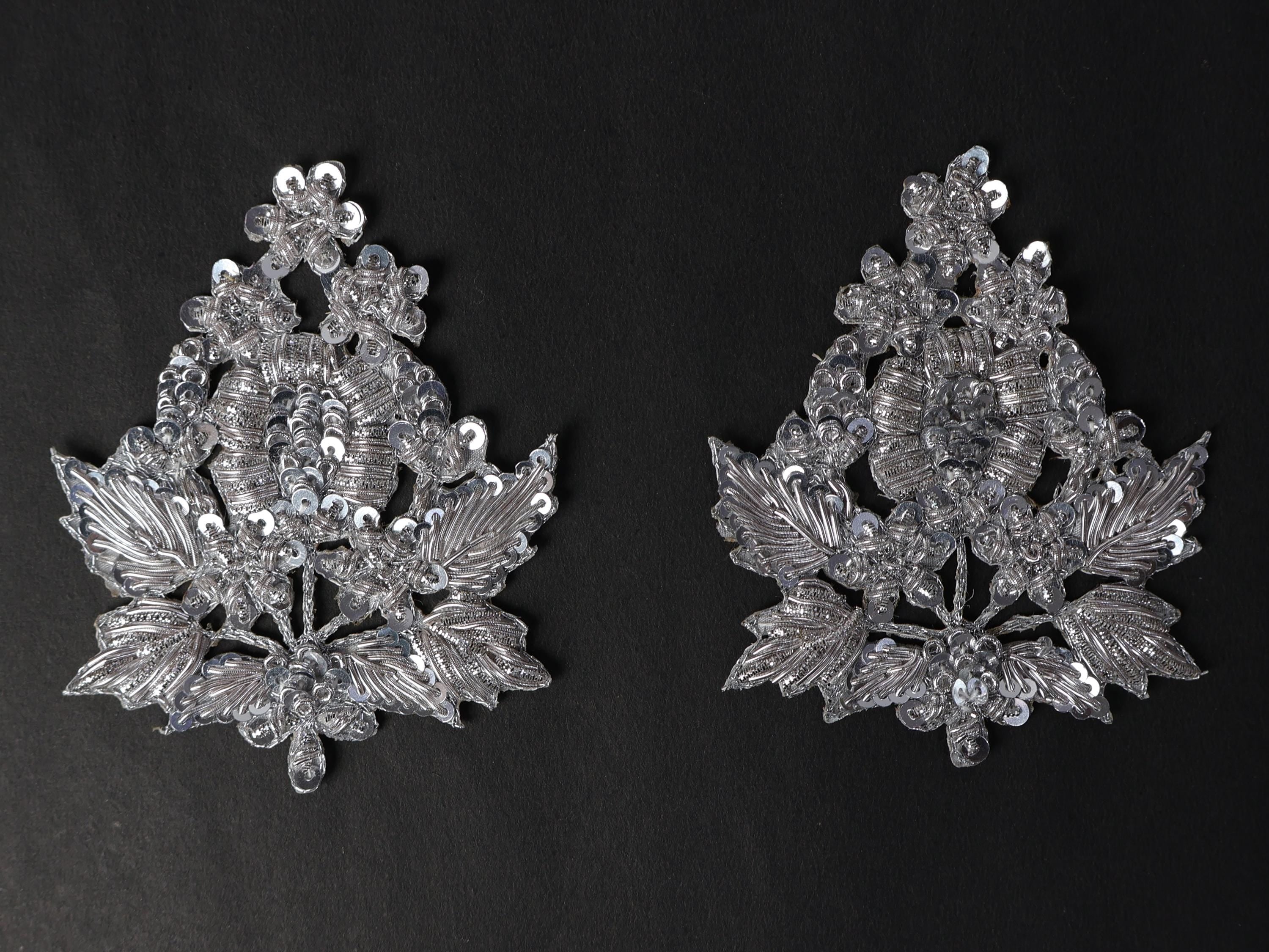 Set of 4 Silver Zardozi Embroidered Sequin Applique Patches (9x8 cm)