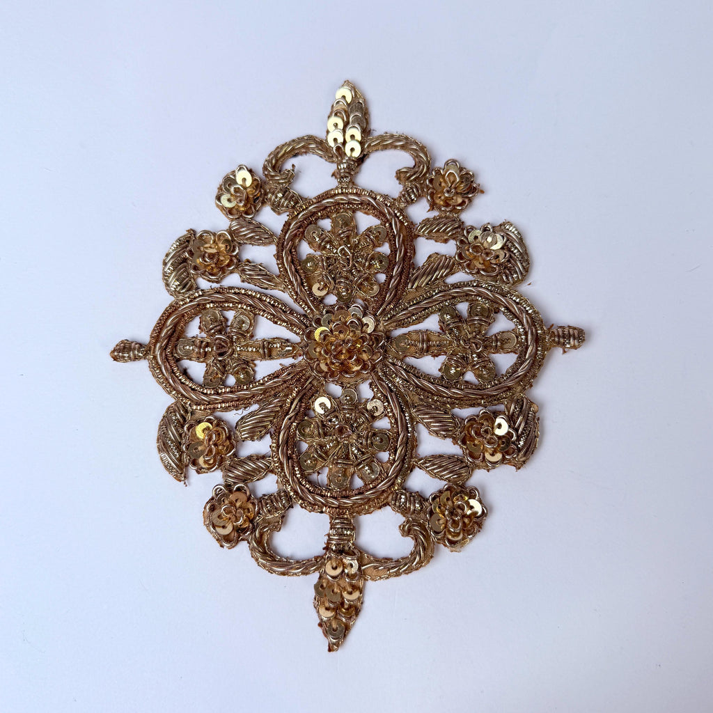 Handcrafted Zardozi Embroidered Applique Patch: Gold/Rose Gold Indian Design