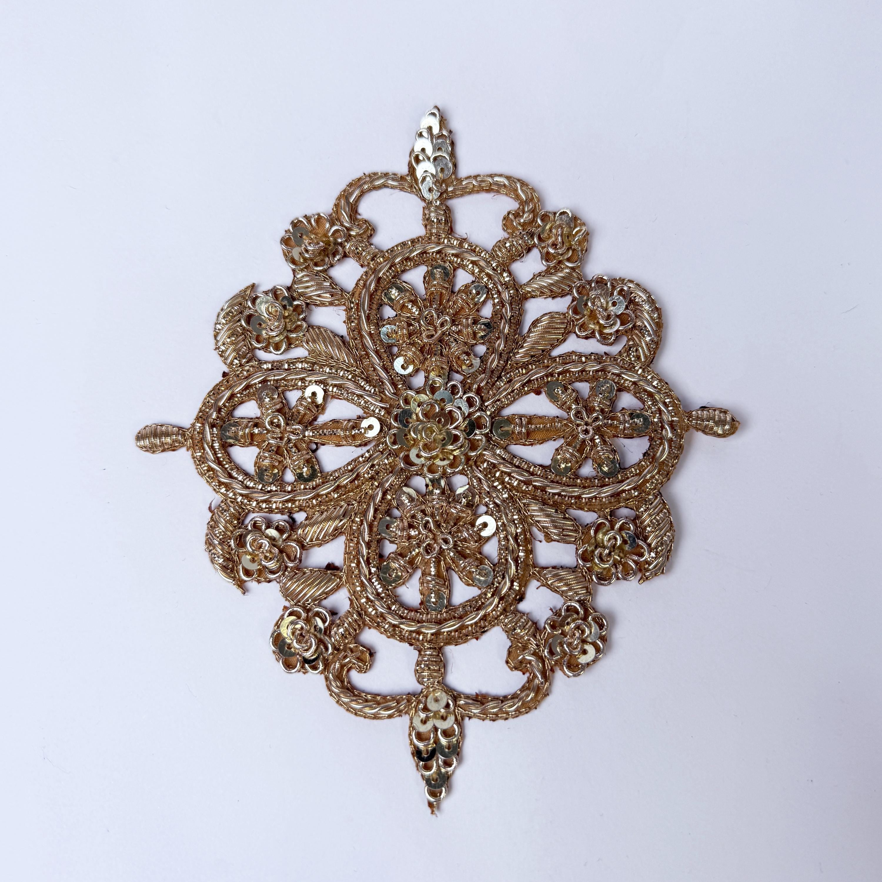 Handcrafted Zardozi Embroidered Applique Patch: Gold/Rose Gold Indian Design
