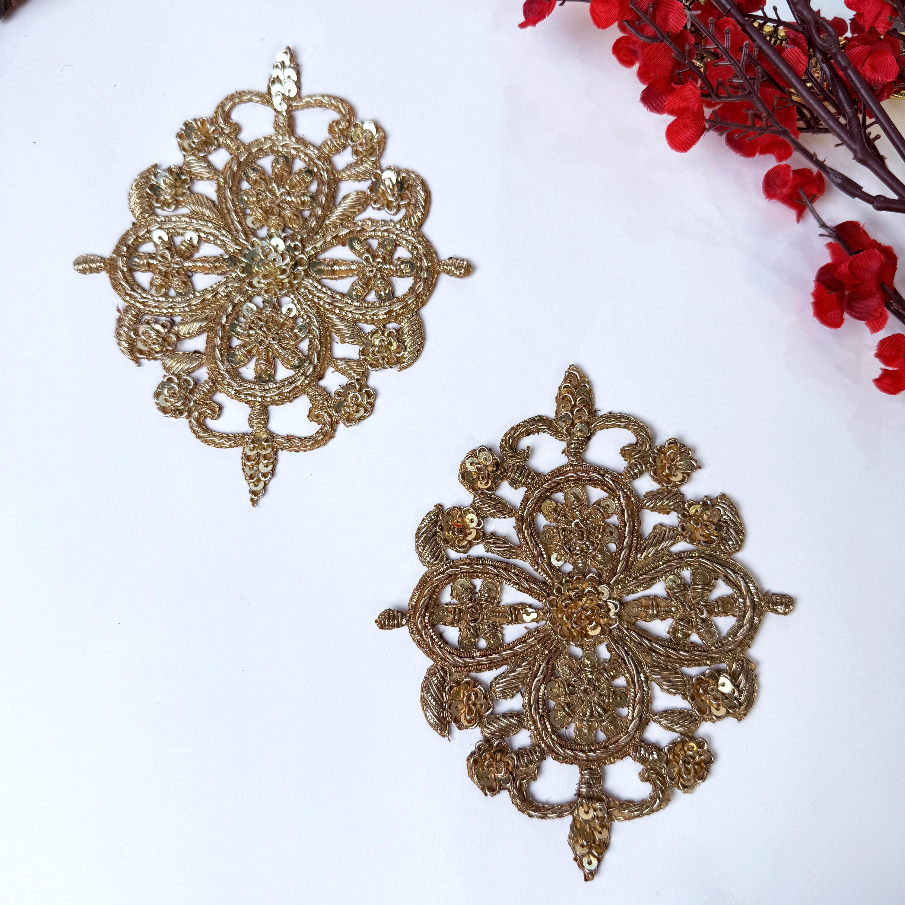 Handcrafted Zardozi Embroidered Applique Patch: Gold/Rose Gold Indian Design