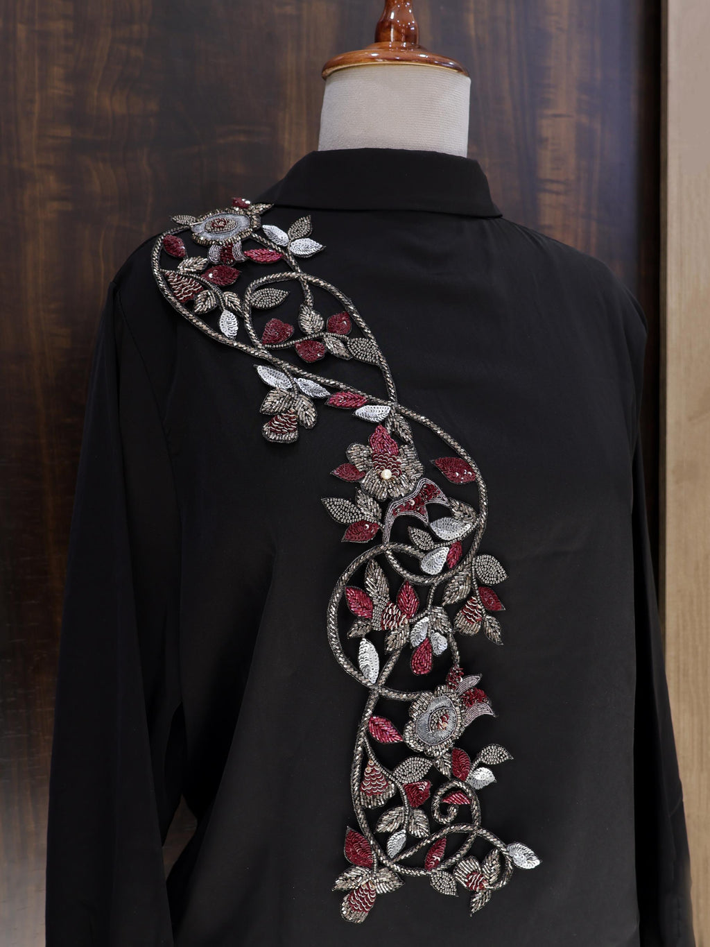 Maroon & Grey Embroidery Patch: Handmade Floral Applique (50cm Long)