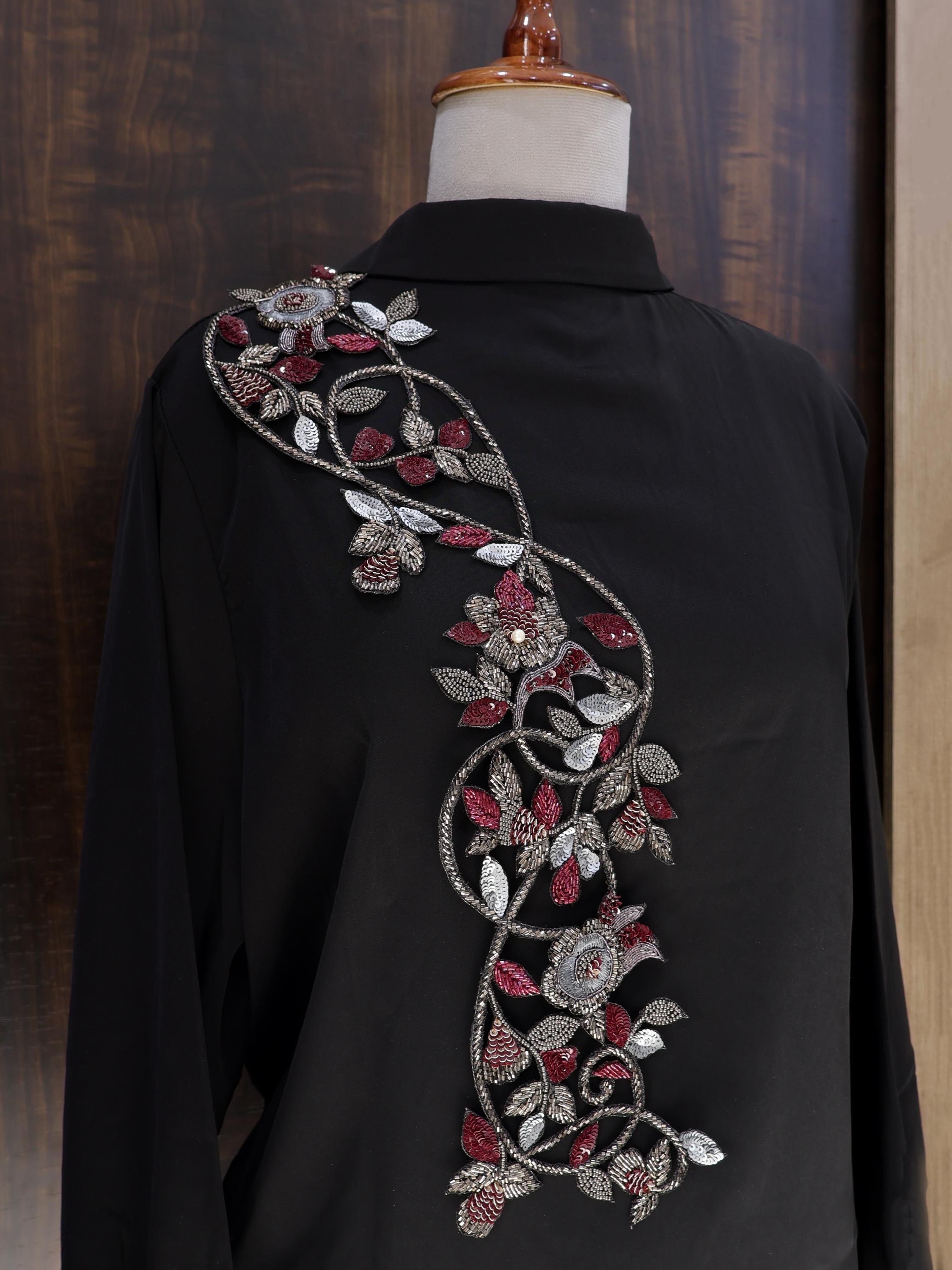 Maroon & Grey Embroidery Patch: Handmade Floral Applique (50cm Long)