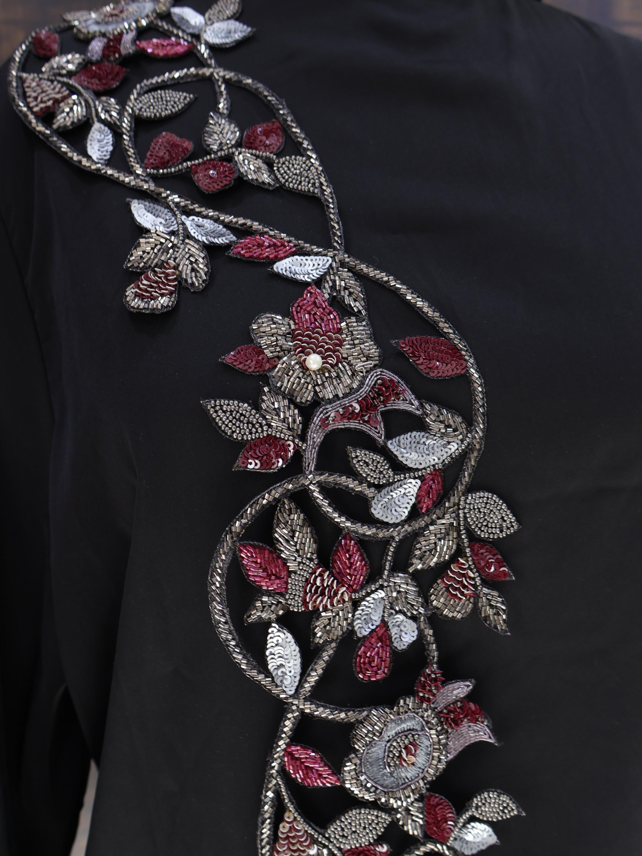 Maroon & Grey Embroidery Patch: Handmade Floral Applique (50cm Long)