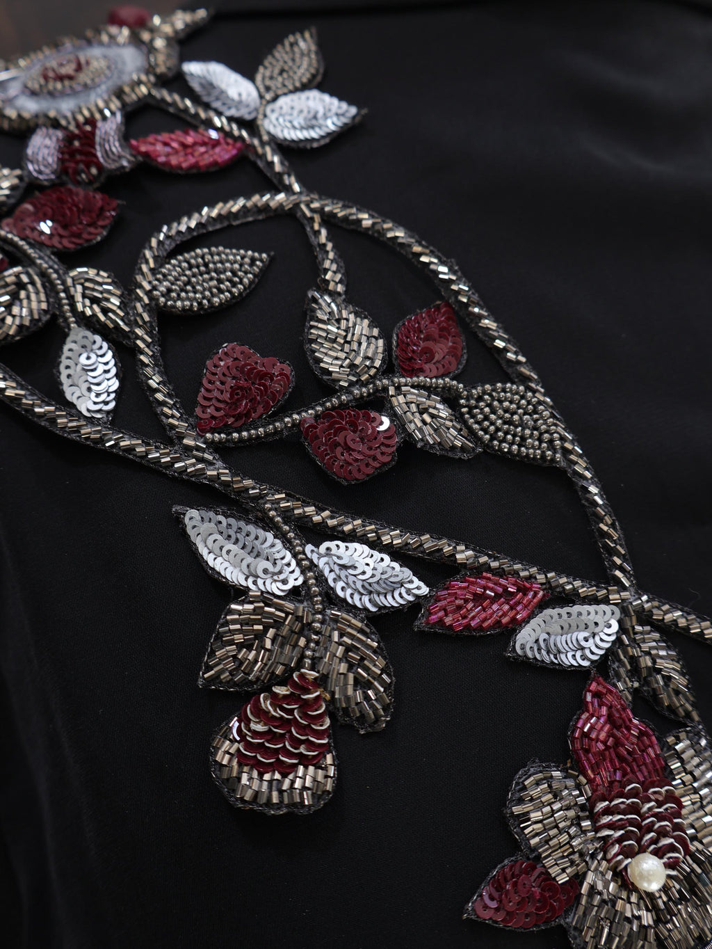 Maroon & Grey Embroidery Patch: Handmade Floral Applique (50cm Long)