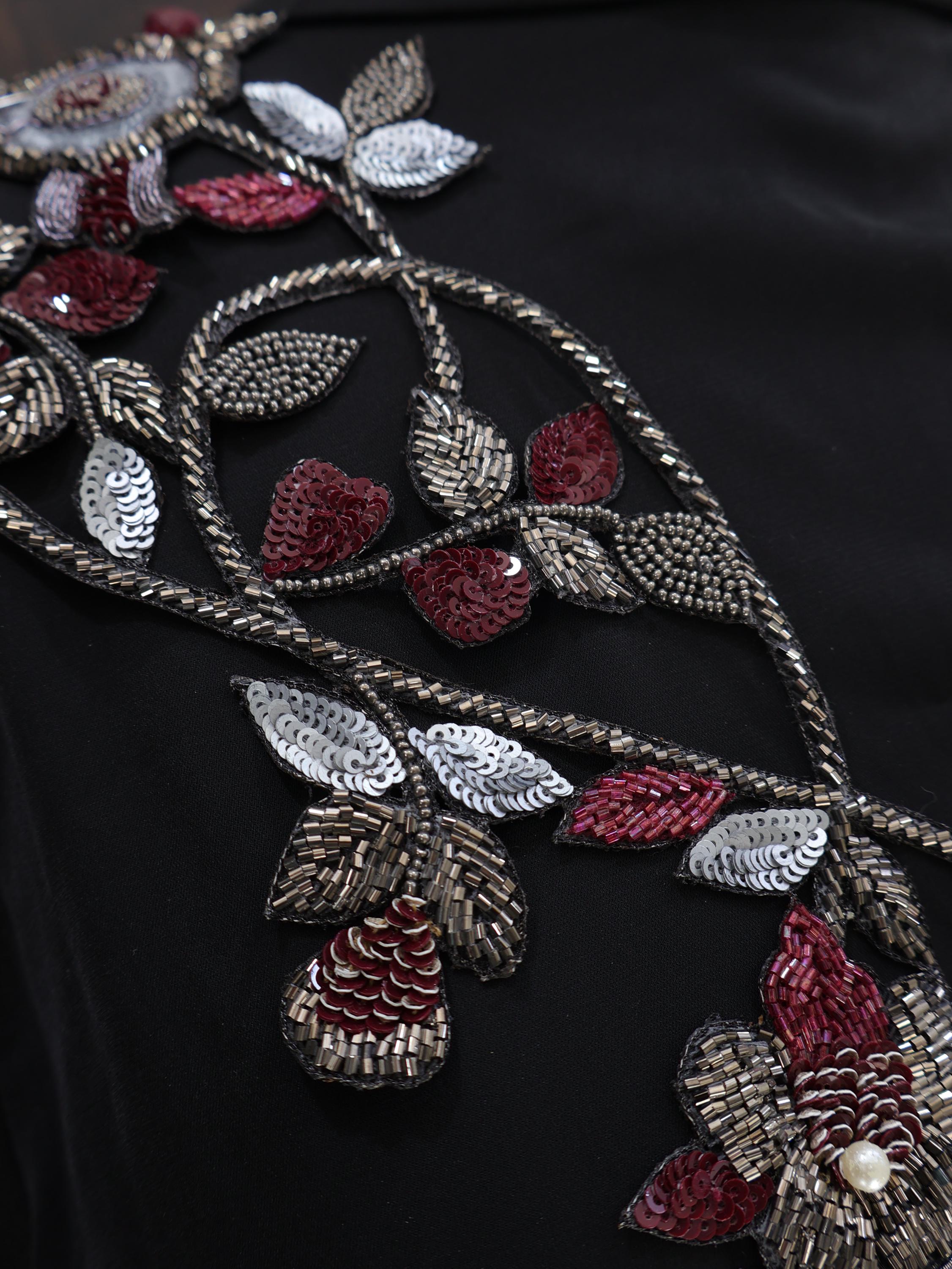 Maroon & Grey Embroidery Patch: Handmade Floral Applique (50cm Long)
