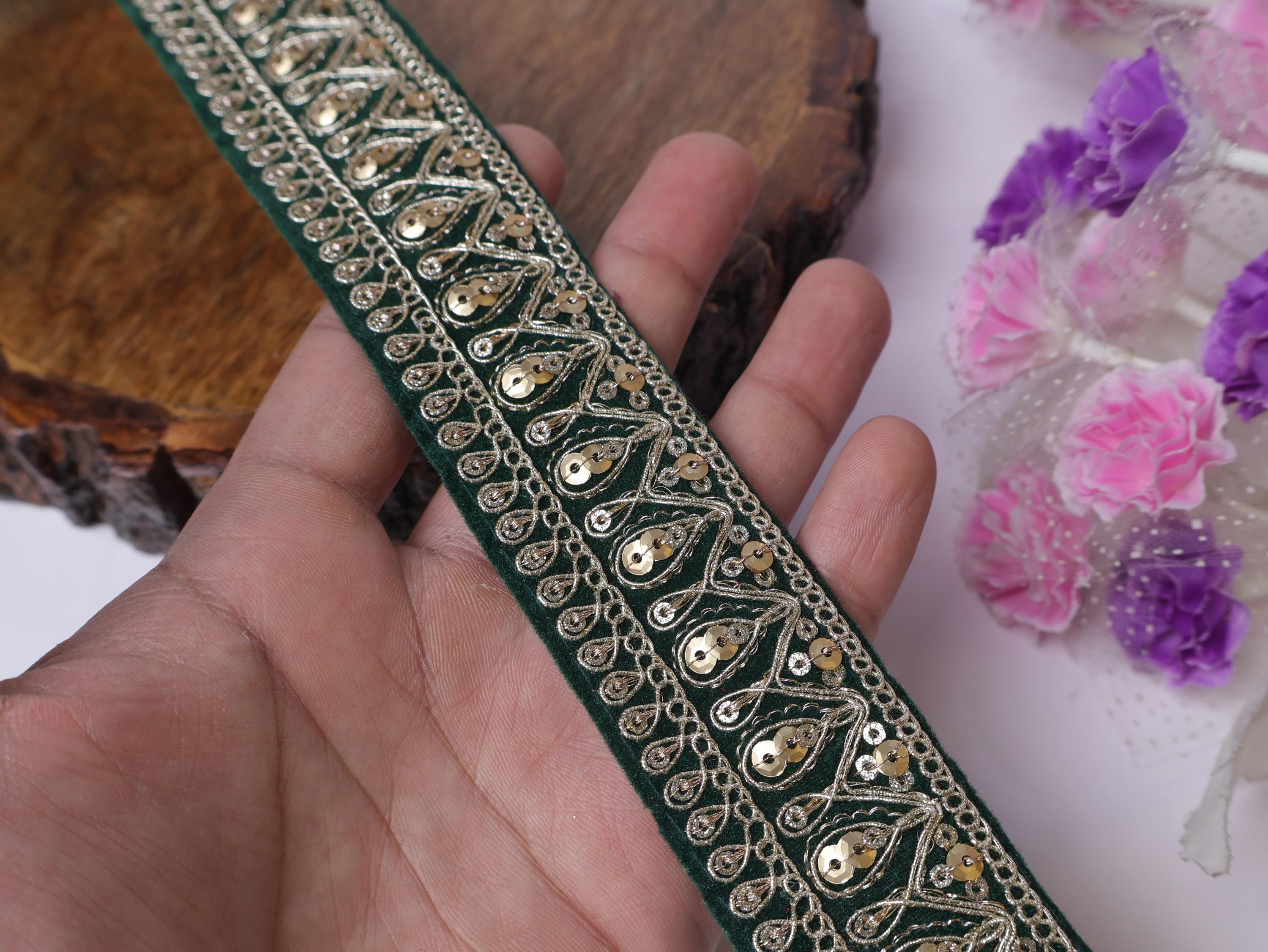 Green Velvet & Gold Sequin Embroidered Trim: Wedding Dress Lace (9 Yards)