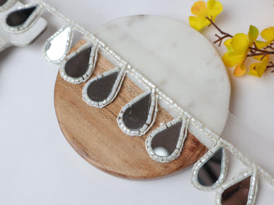 White Glass Bead & Mirror Tassel Lace Trim - 3cm Wide