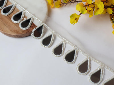 White Glass Bead & Mirror Tassel Lace Trim - 3cm Wide