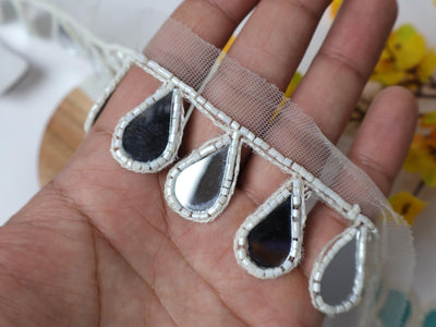 White Glass Bead & Mirror Tassel Lace Trim - 3cm Wide