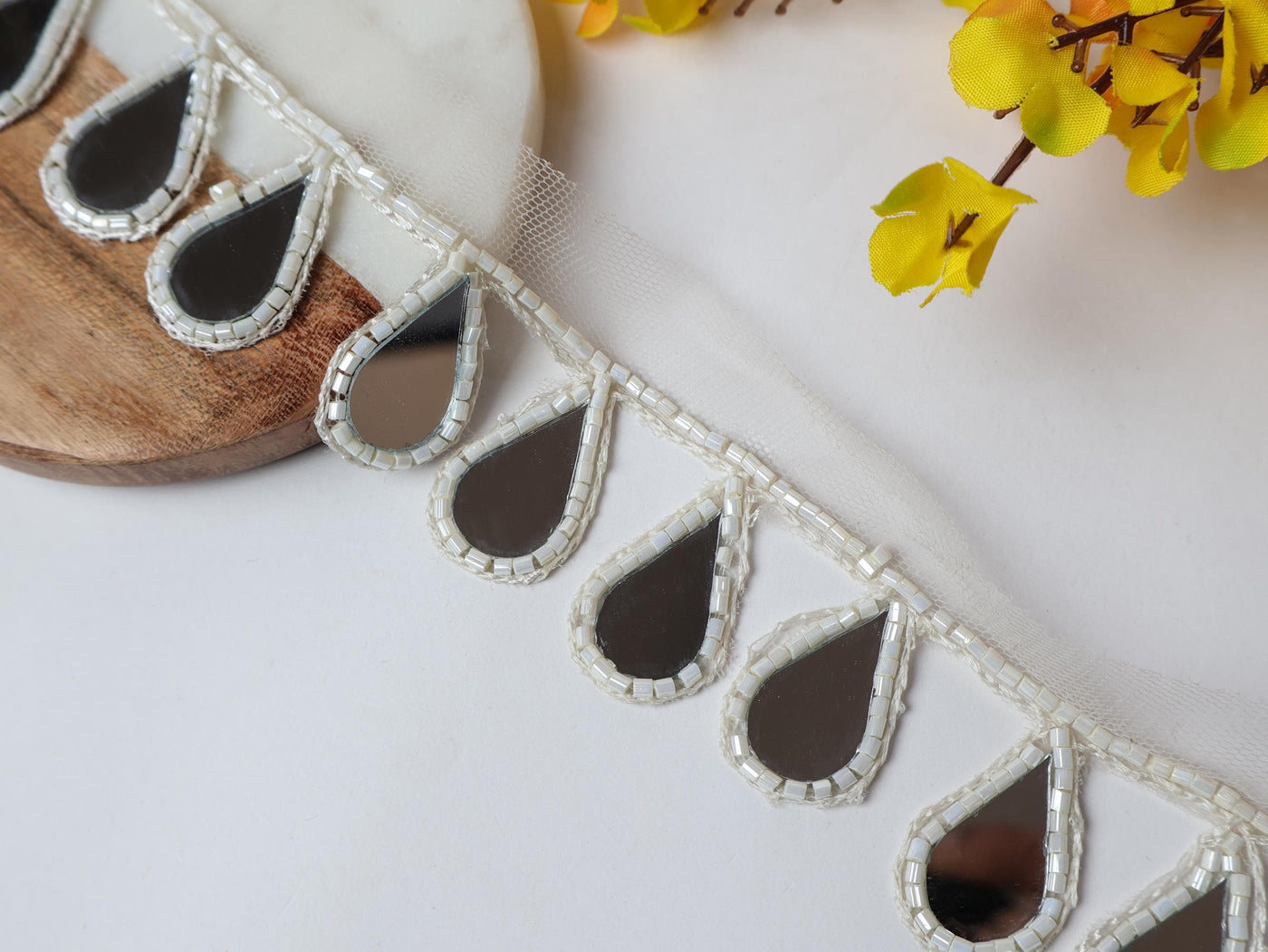 White Glass Bead & Mirror Tassel Lace Trim - 3cm Wide