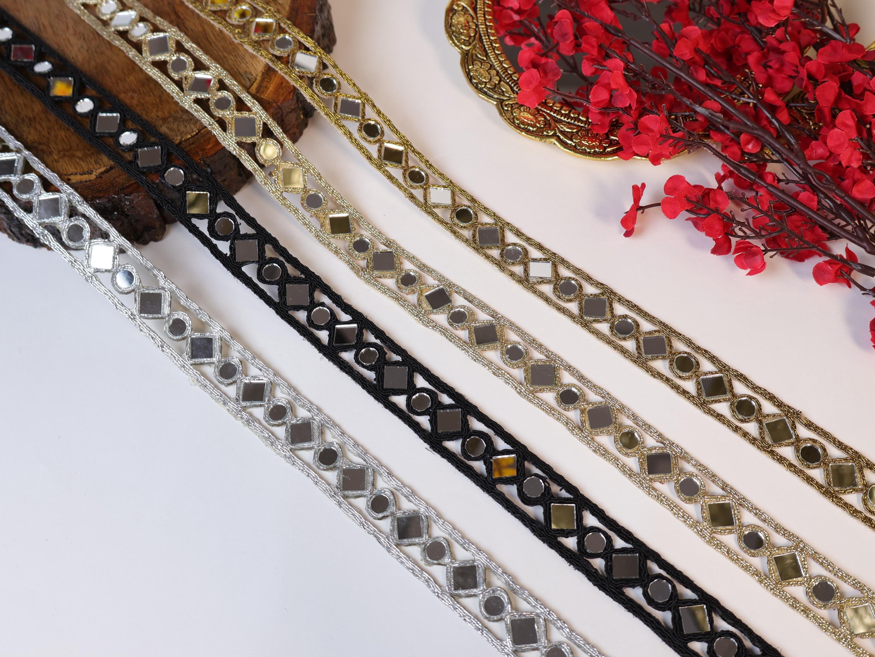 Geometric Mirror Trim Lace: Zari Embroidered Sari Border, 3 Yards