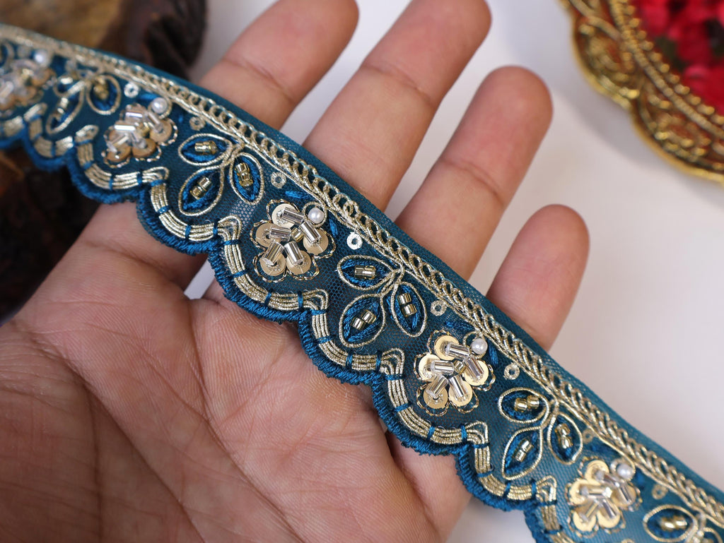 Purple & Peacock Green Beaded Scalloped Trim: Gold Sequin Zari Embroidery (9 Yards)
