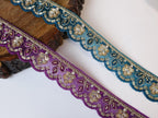 Purple & Peacock Green Beaded Scalloped Trim: Gold Sequin Zari Embroidery (9 Yards)