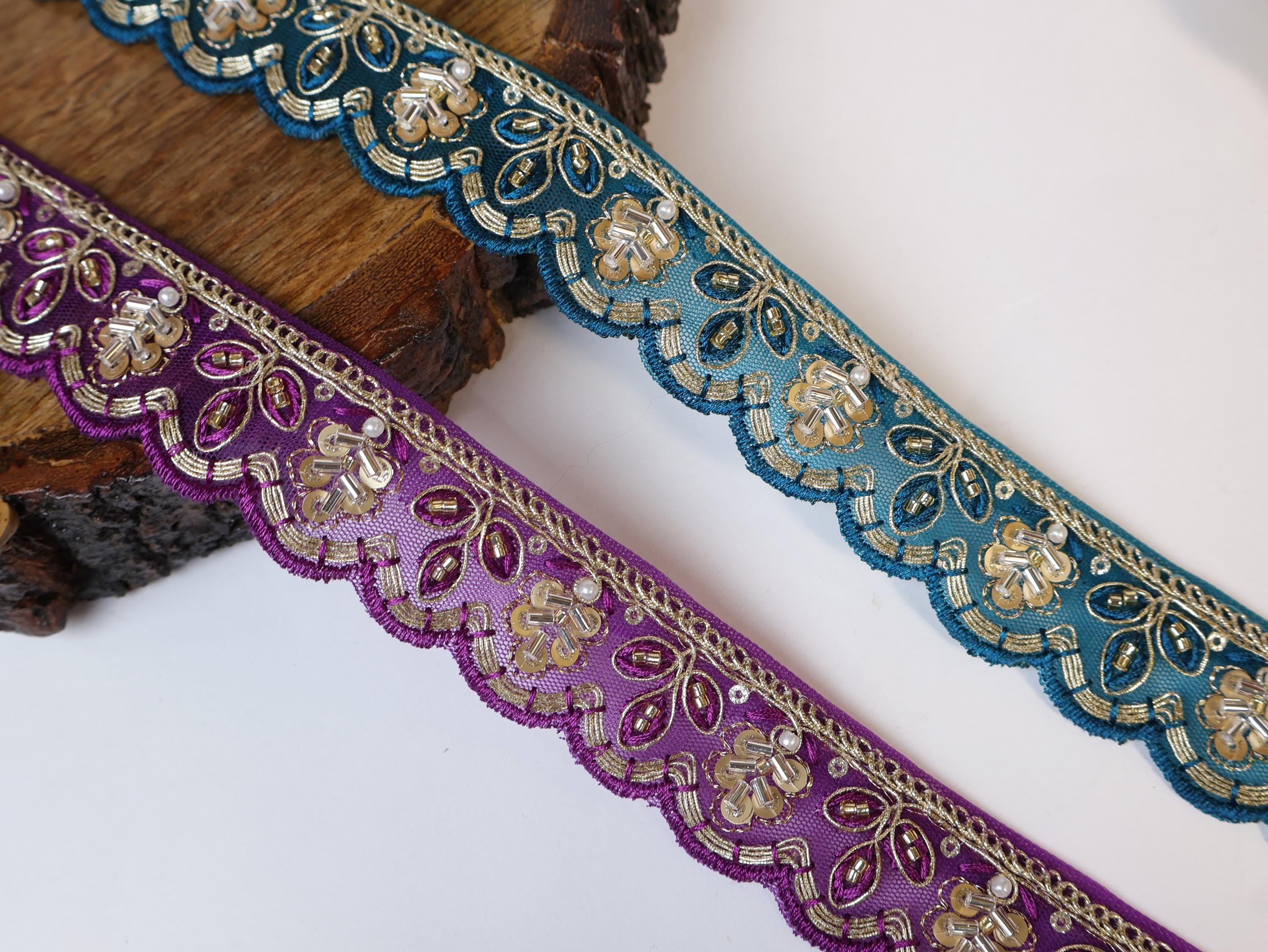 Purple & Peacock Green Beaded Scalloped Trim: Gold Sequin Zari Embroidery (9 Yards)
