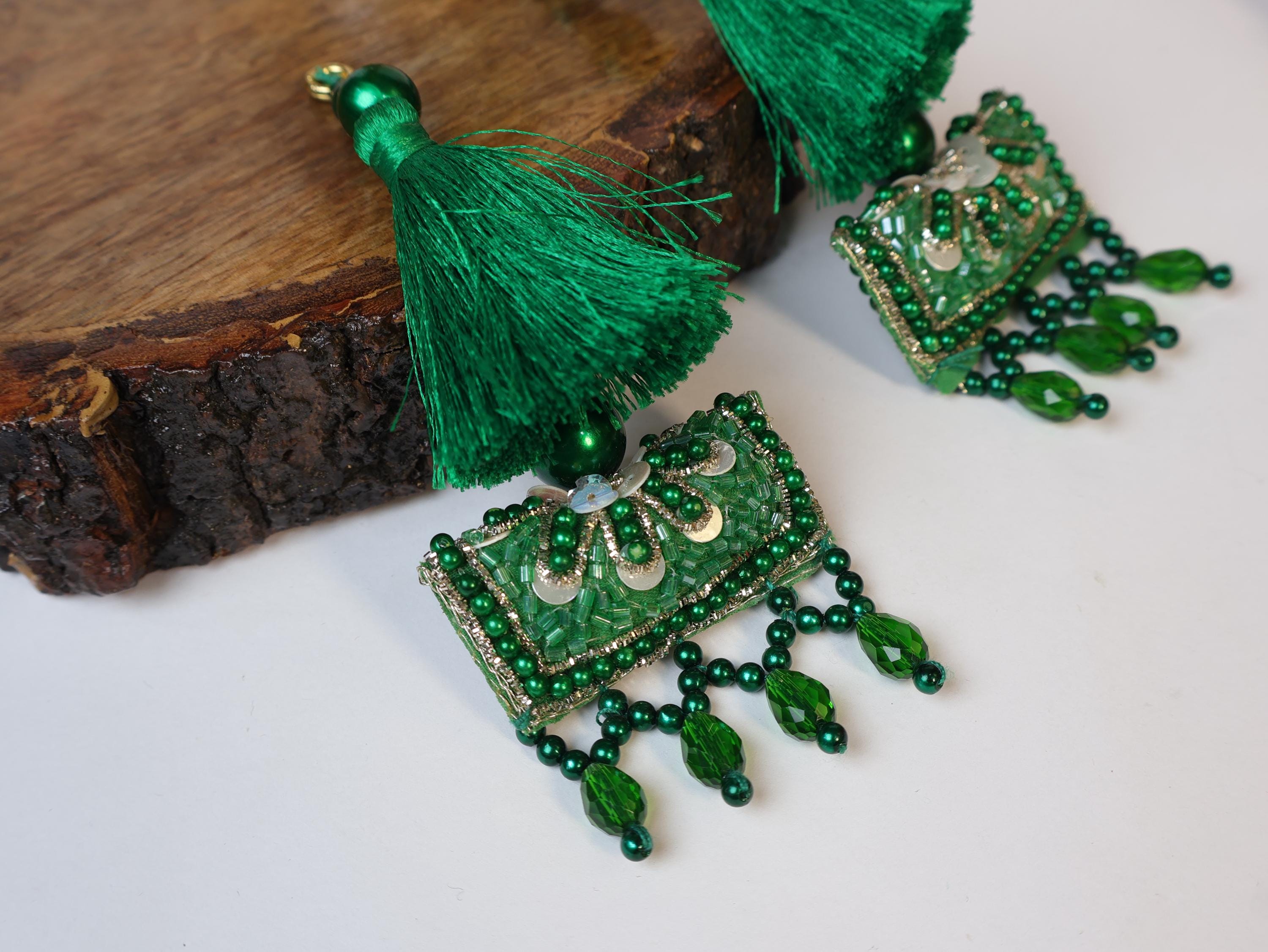 Emerald Green Tassel Latkan Pair: Beaded Sequin Lehenga Decor (15cm)