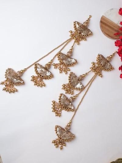 Antique Gold Beaded Tassels: Pearl & Crystal Lehenga Hangings (1 Pair)