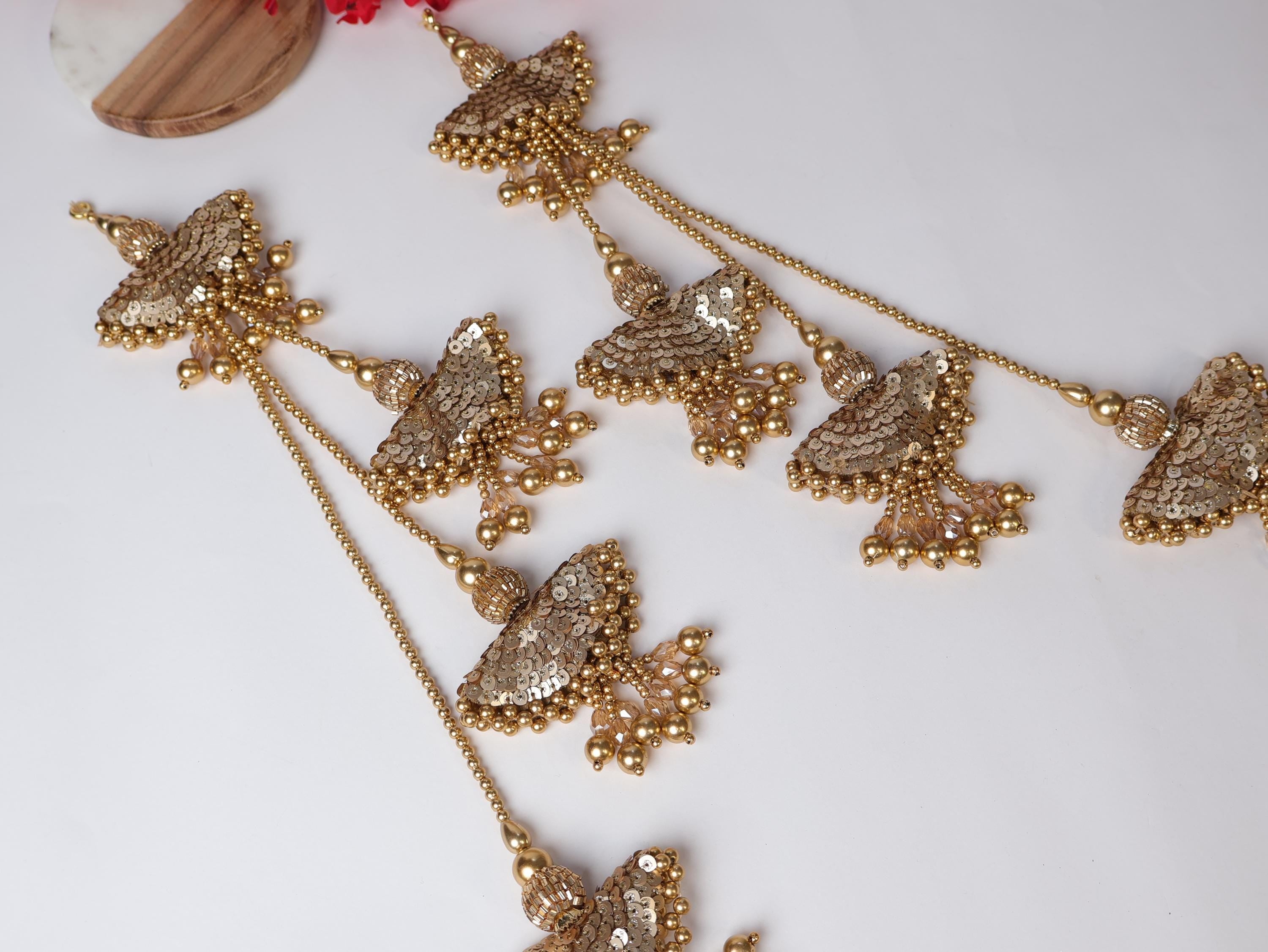 Antique Gold Beaded Tassels: Pearl & Crystal Lehenga Hangings (1 Pair)