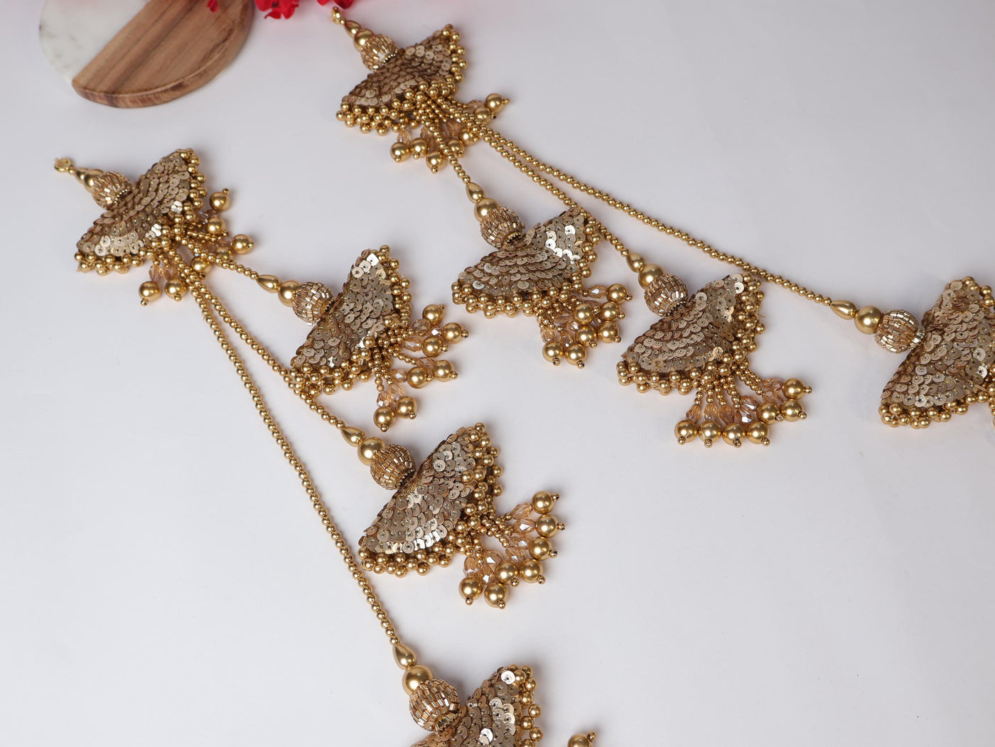 Antique Gold Beaded Tassels: Pearl & Crystal Lehenga Hangings (1 Pair)