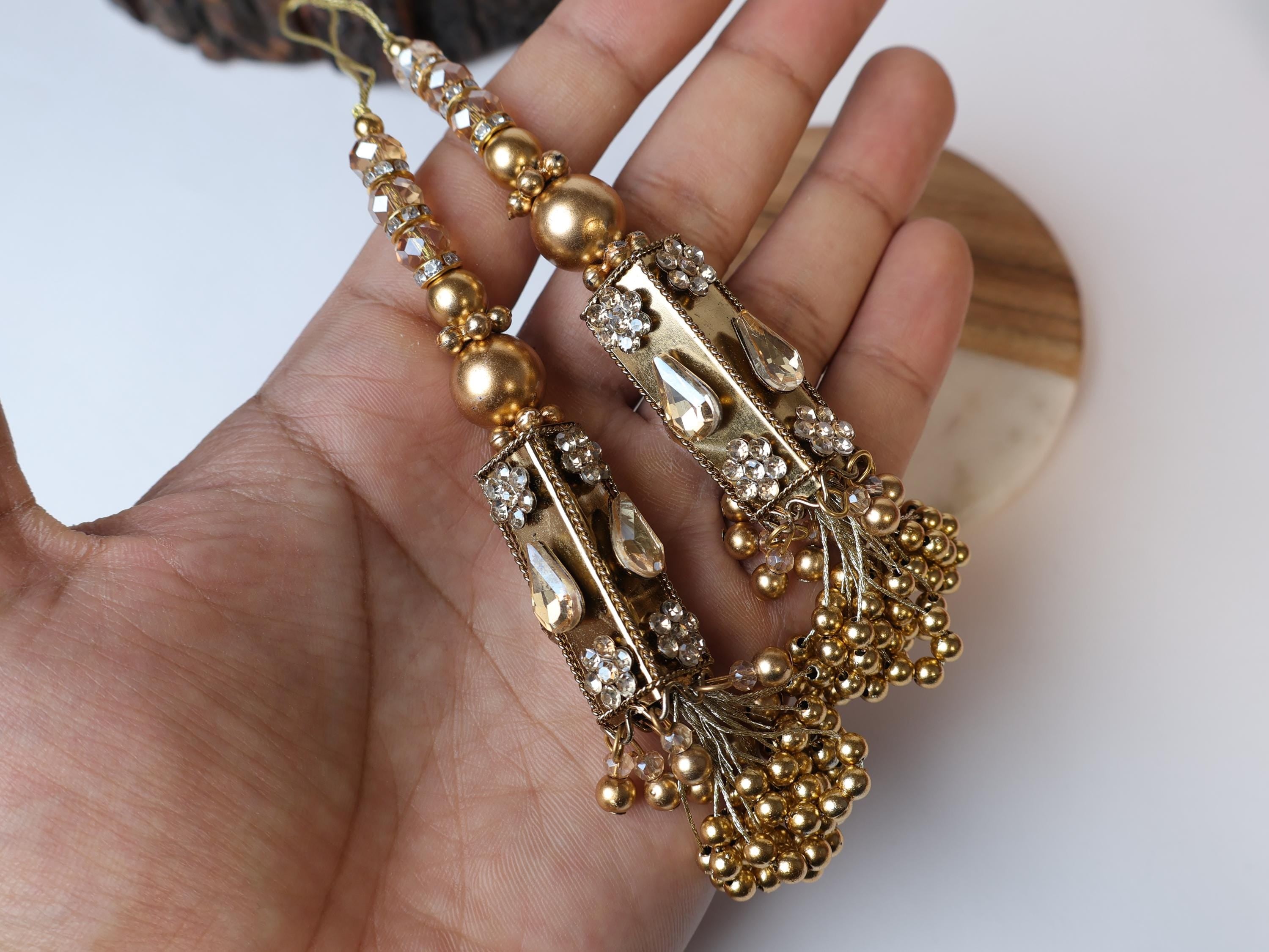 Bronze Gold Metallic Indian Beaded Tassel Latkans, 1 Pair 12cm