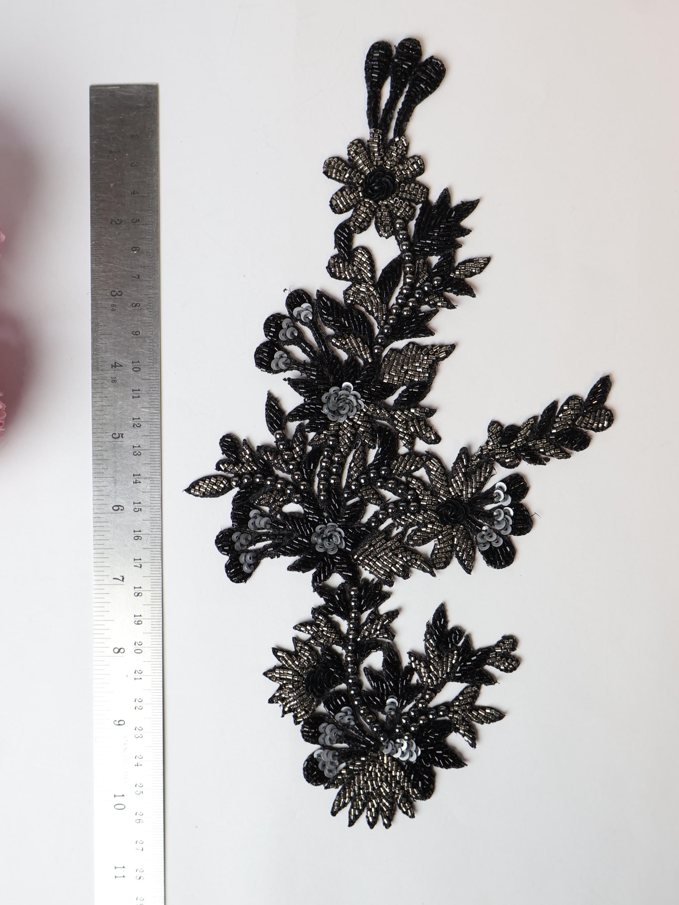 Floral Zardozi Applique Patch: Embroidered Sequins, Beads (27cm)