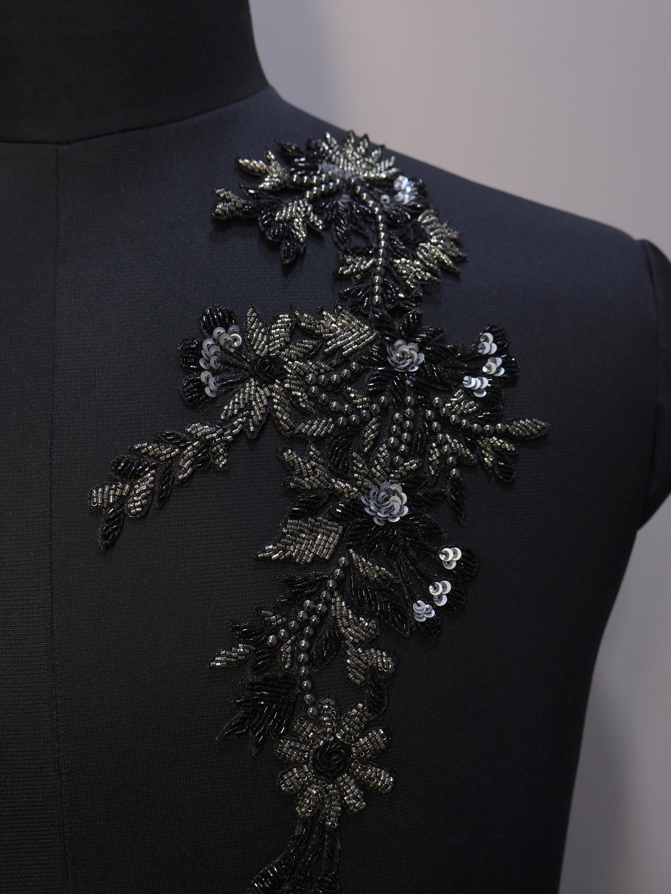 Floral Zardozi Applique Patch: Embroidered Sequins, Beads (27cm)