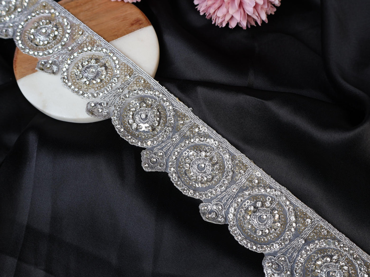 Silver Zircon Sequin Scallop Trim: Indian Zari Sari Border Lace, 5cm