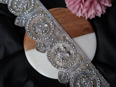 Silver Zircon Sequin Scallop Trim: Indian Zari Sari Border Lace, 5cm