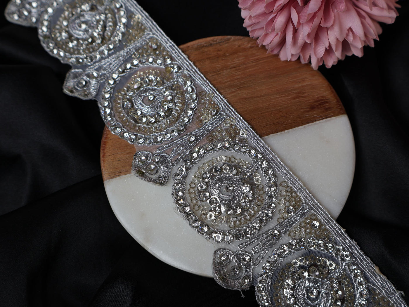 Silver Zircon Sequin Scallop Trim: Indian Zari Sari Border Lace, 5cm