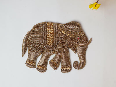 Zardozi Elephant Patch: Antique Gold Indian Embroidered Applique