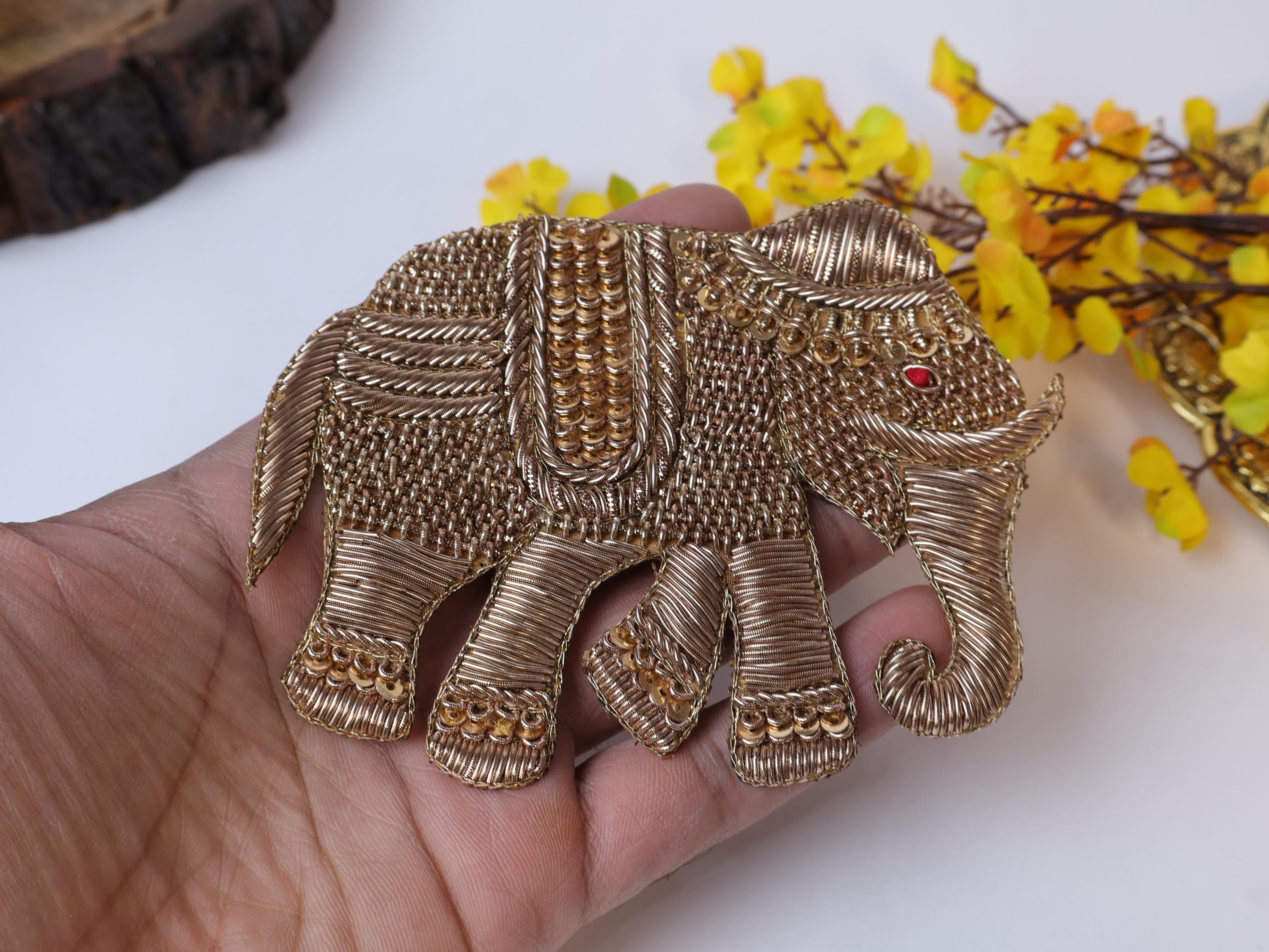 Zardozi Elephant Patch: Antique Gold Indian Embroidered Applique