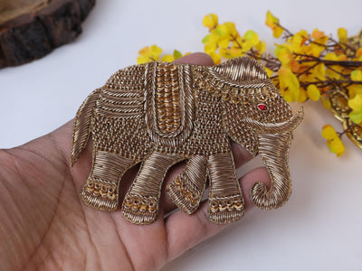 Zardozi Elephant Patch: Antique Gold Indian Embroidered Applique