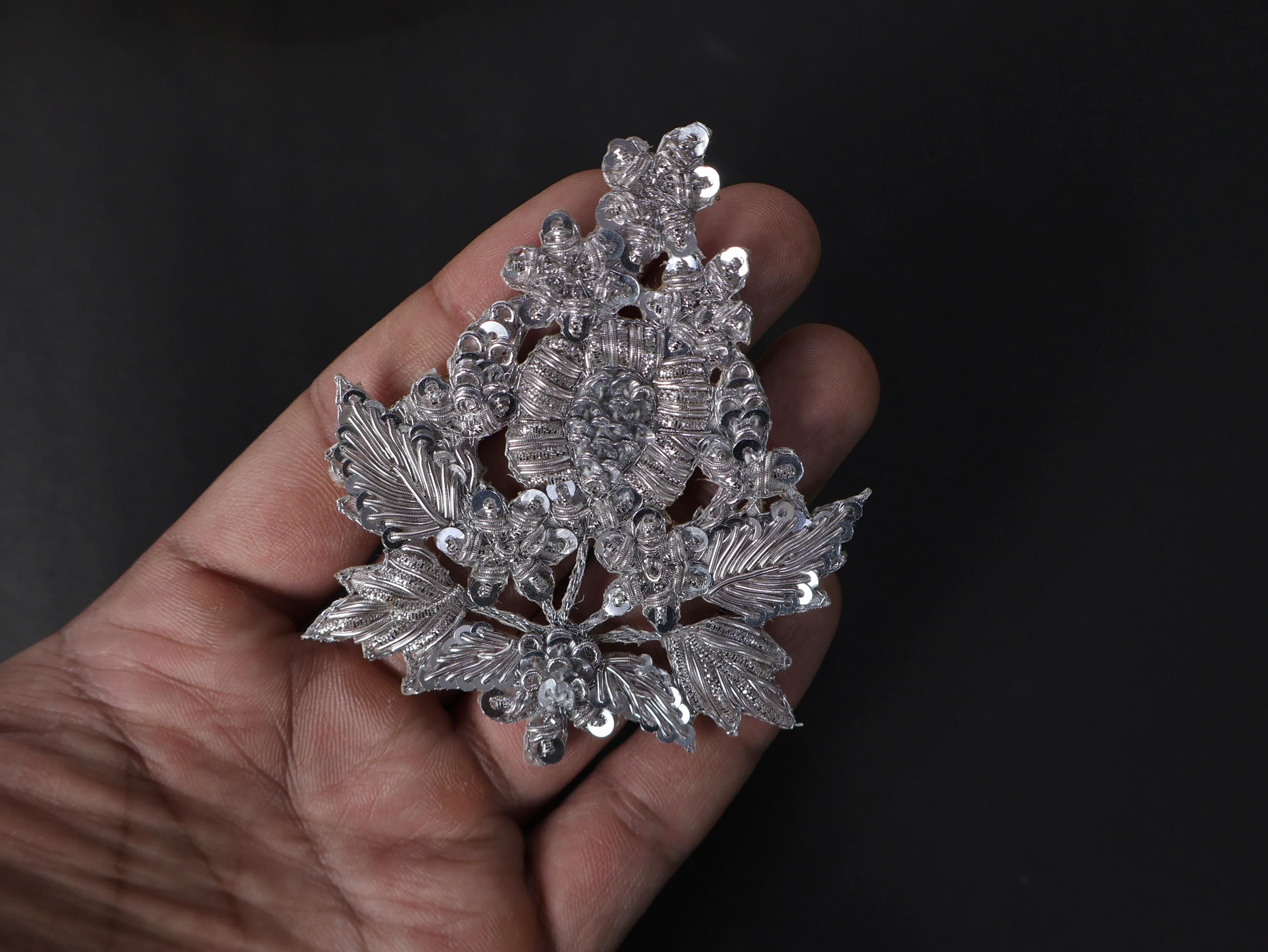 Set of 4 Silver Zardozi Embroidered Sequin Applique Patches (9x8 cm)