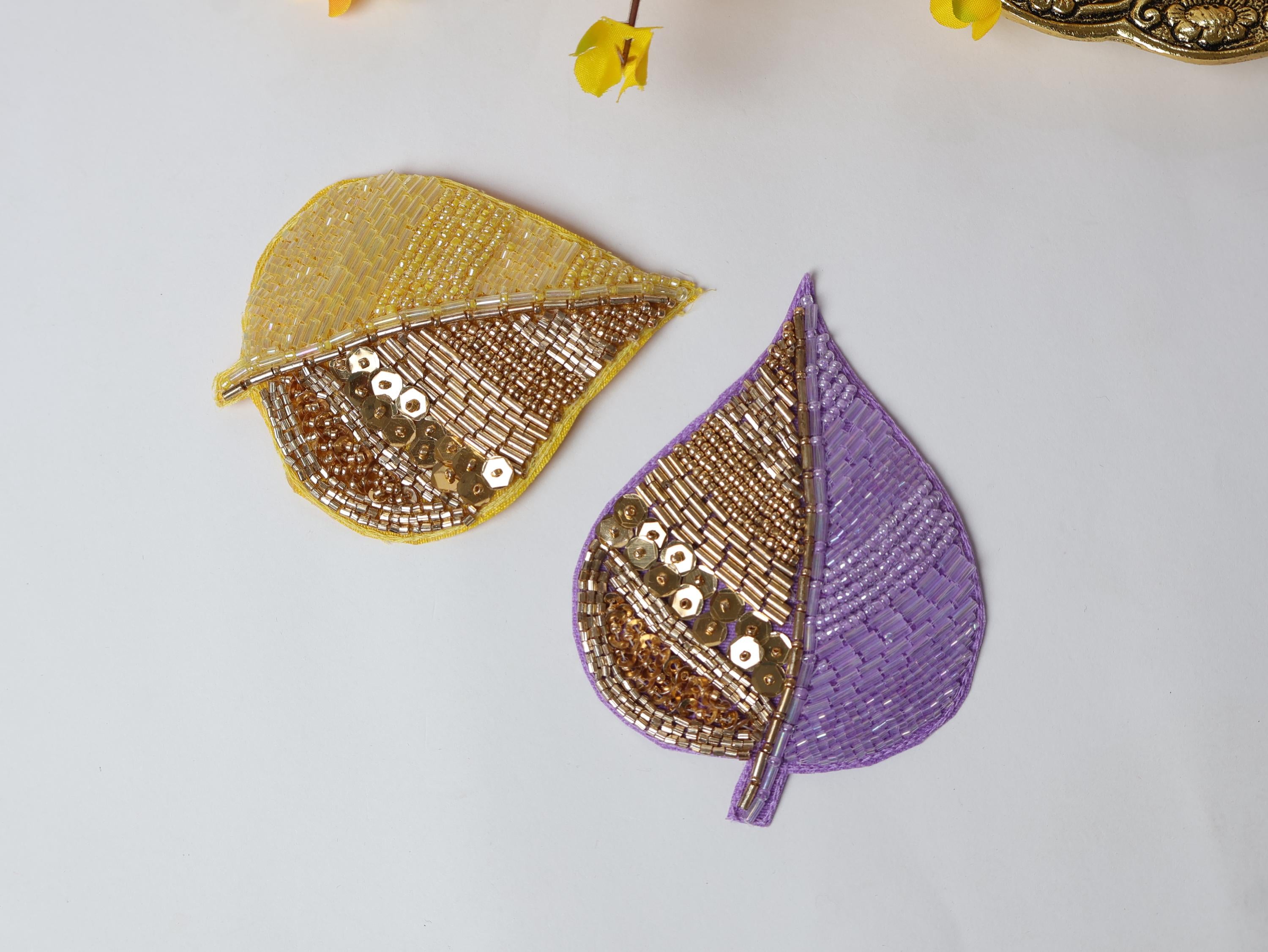 Floral Beaded Leaf Applique Patches: Indian Embroidered Sequins, Set of 3