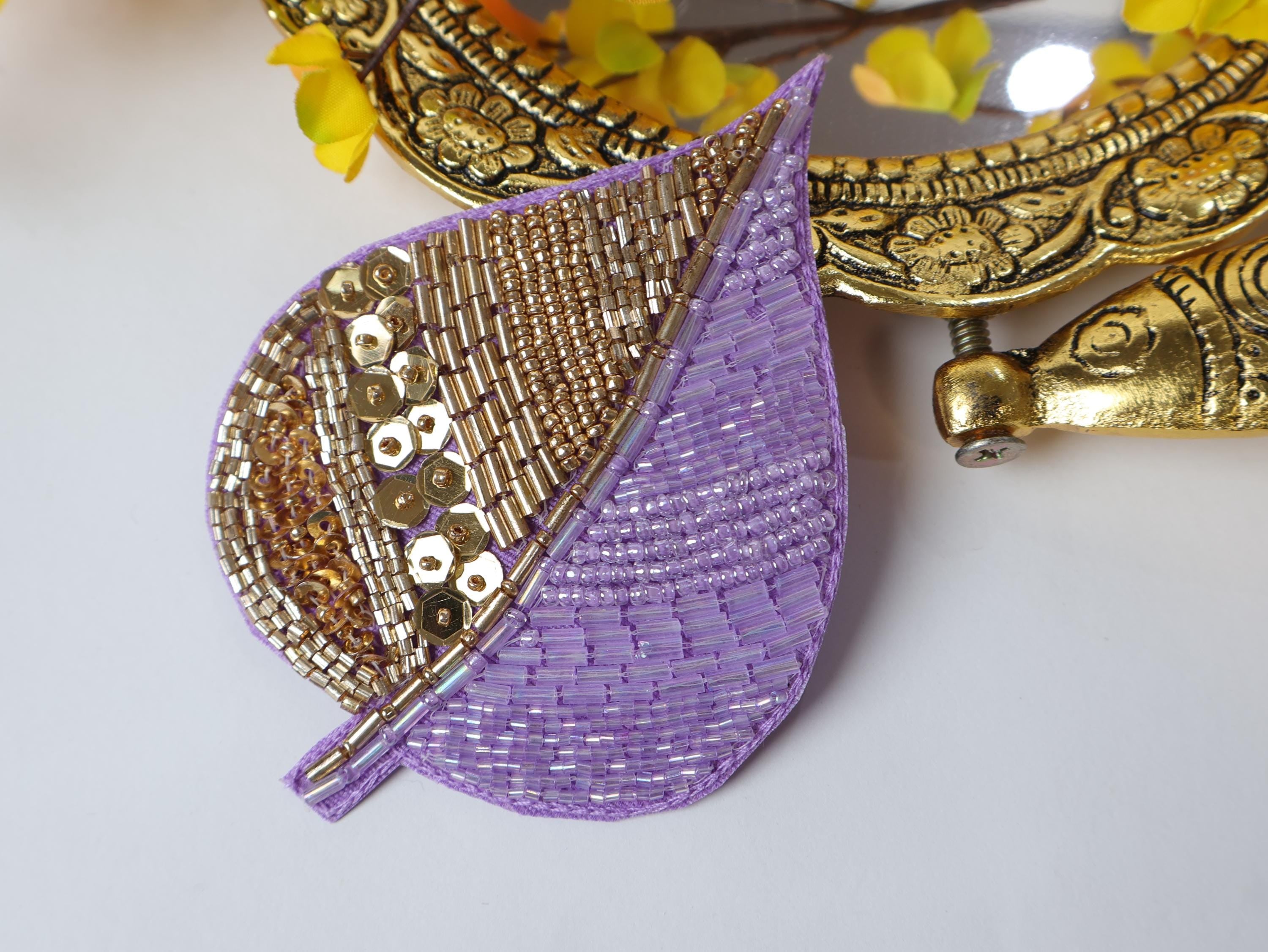 Floral Beaded Leaf Applique Patches: Indian Embroidered Sequins, Set of 3