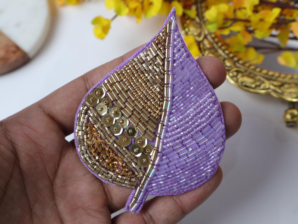 Floral Beaded Leaf Applique Patches: Indian Embroidered Sequins, Set of 3