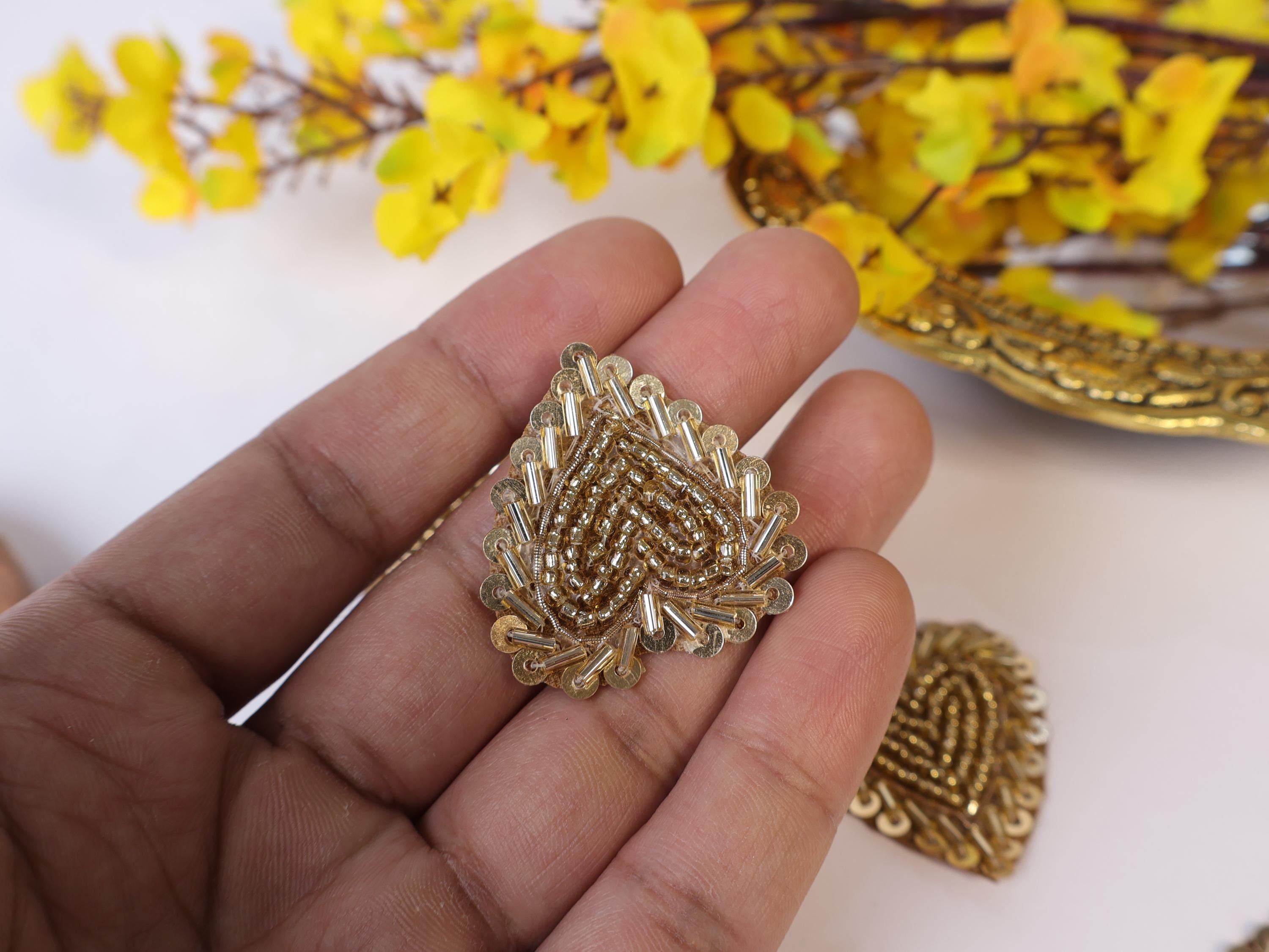25 Gold Cutdana Leaf Applique Patches: Indian Sewing Embellishments
