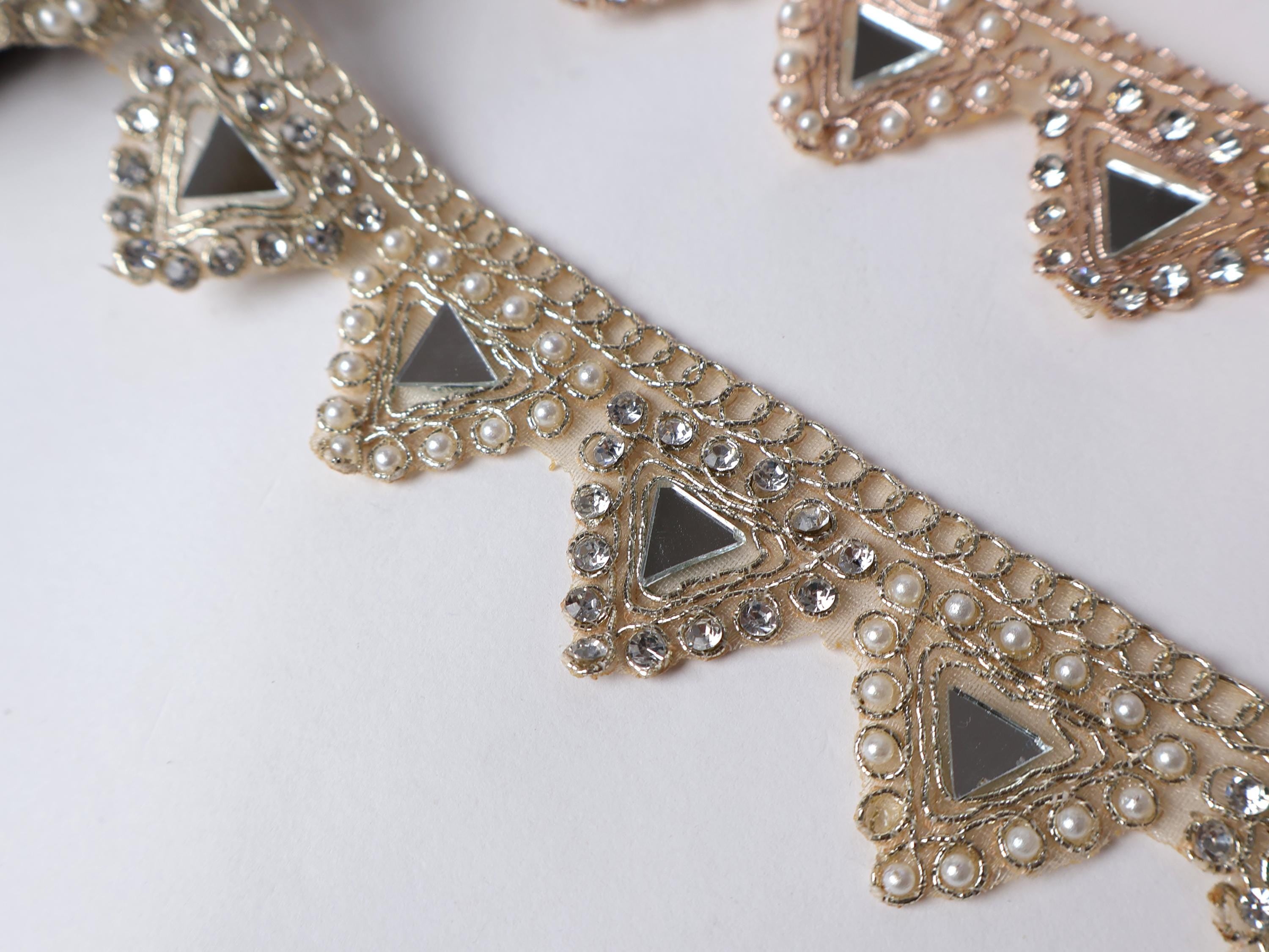 Embroidered Pearl Mirror Trim: Gold/Rose Gold Indian Sari Border, 3cm, 3 Yards