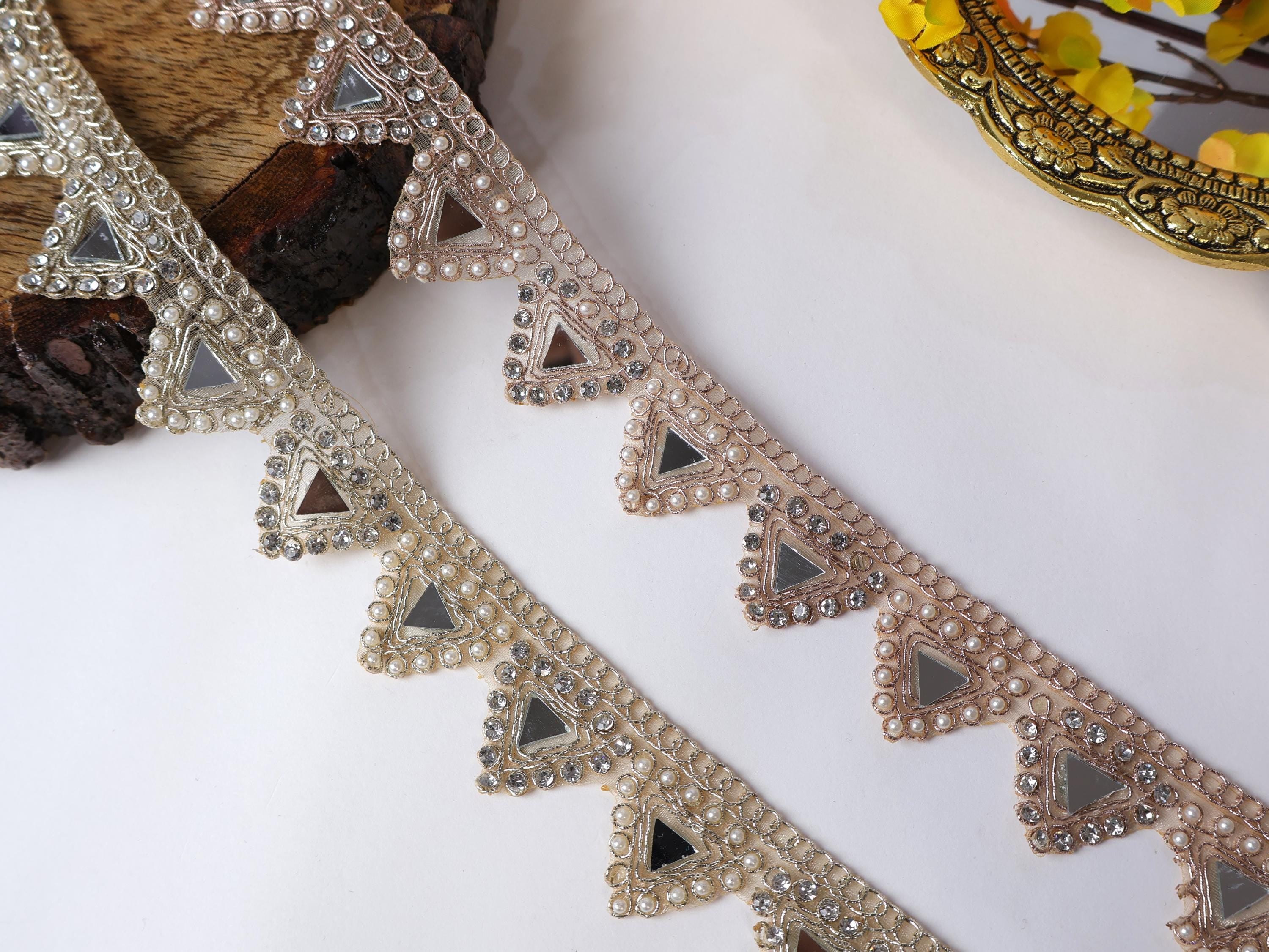 Embroidered Pearl Mirror Trim: Gold/Rose Gold Indian Sari Border, 3cm, 3 Yards