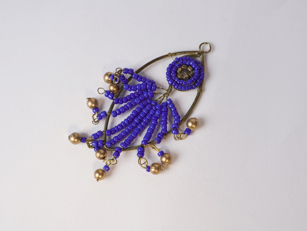 Navy Blue Beaded Tassels: Bronze Gold Leaf Charms, Indian Decor (Set of 4)