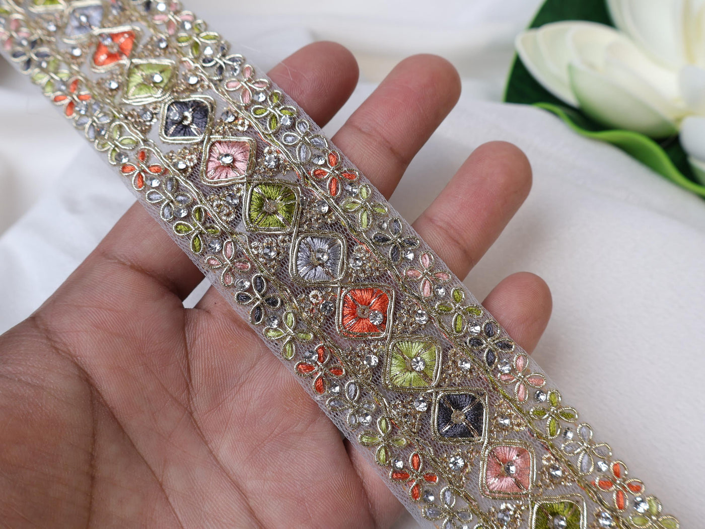 Tropical Zircon Zari Trim: Embroidered Indian Sari Border Lace (9 Yards)