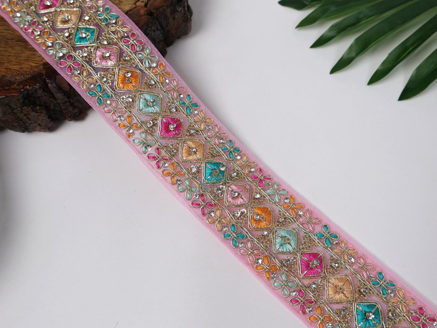 Zircon Embroidered Indian Zari Trim: Pink & Blue Sari Lace (9 Yards)