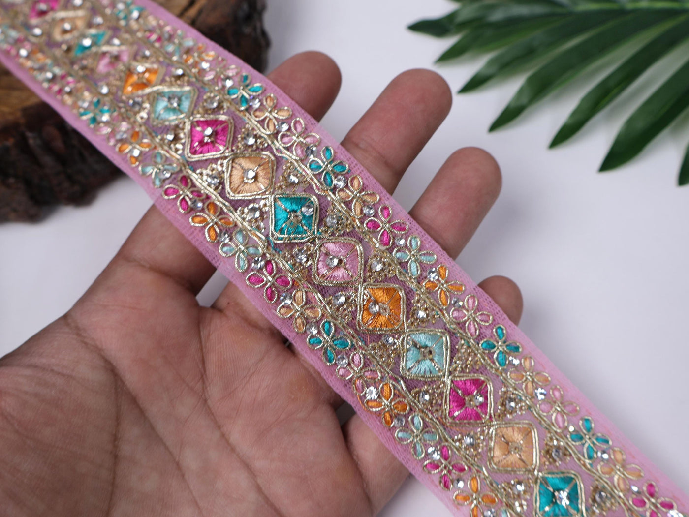 Zircon Embroidered Indian Zari Trim: Pink & Blue Sari Lace (9 Yards)