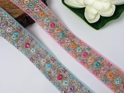 Zircon Embroidered Indian Zari Trim: Pink & Blue Sari Lace (9 Yards)