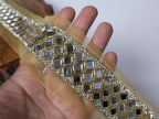 Golden Mirror Sari Border: Zircon & Glass Bead Indian Lace - 4cm Wide