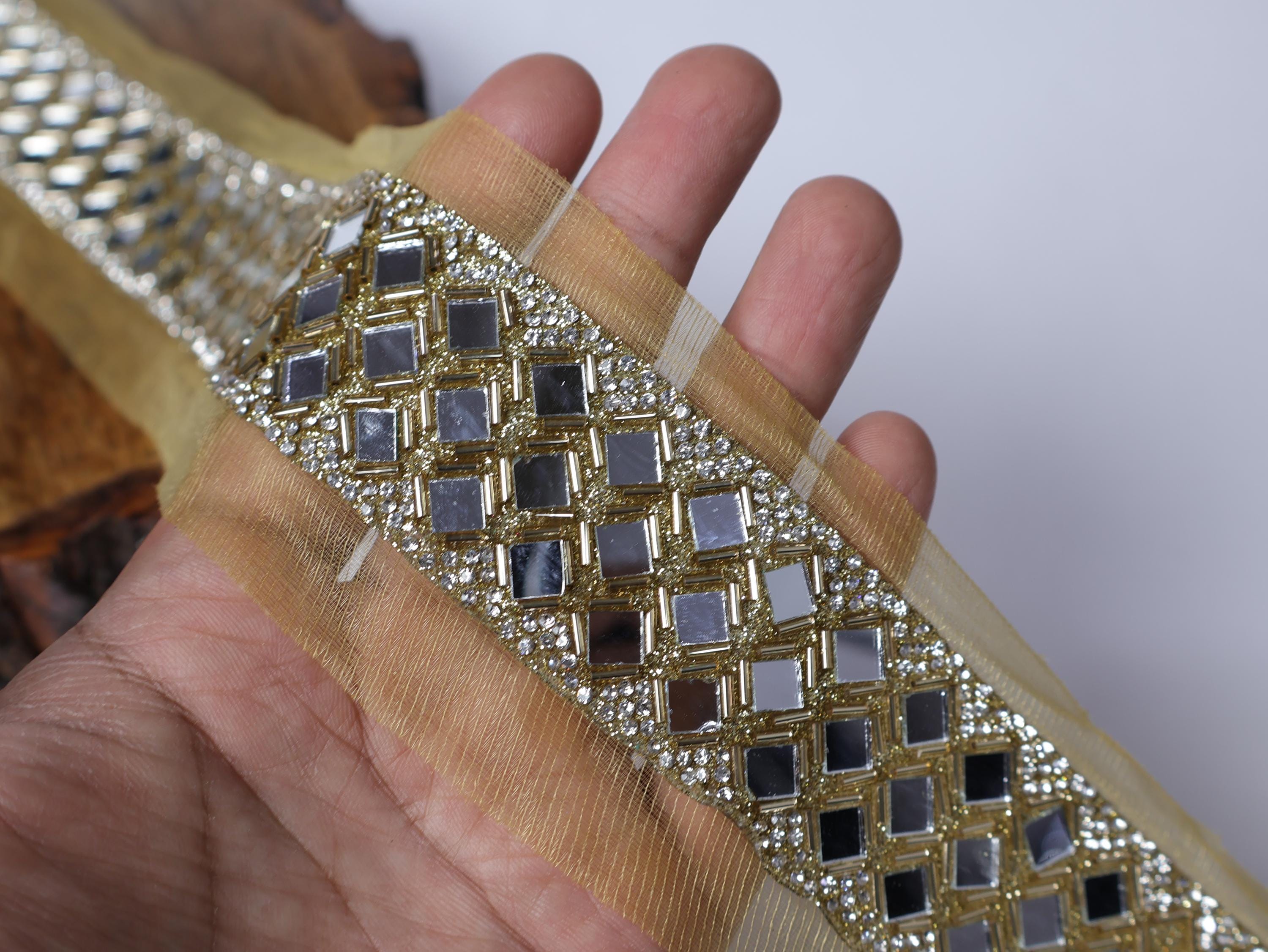 Golden Mirror Sari Border: Zircon & Glass Bead Indian Lace - 4cm Wide