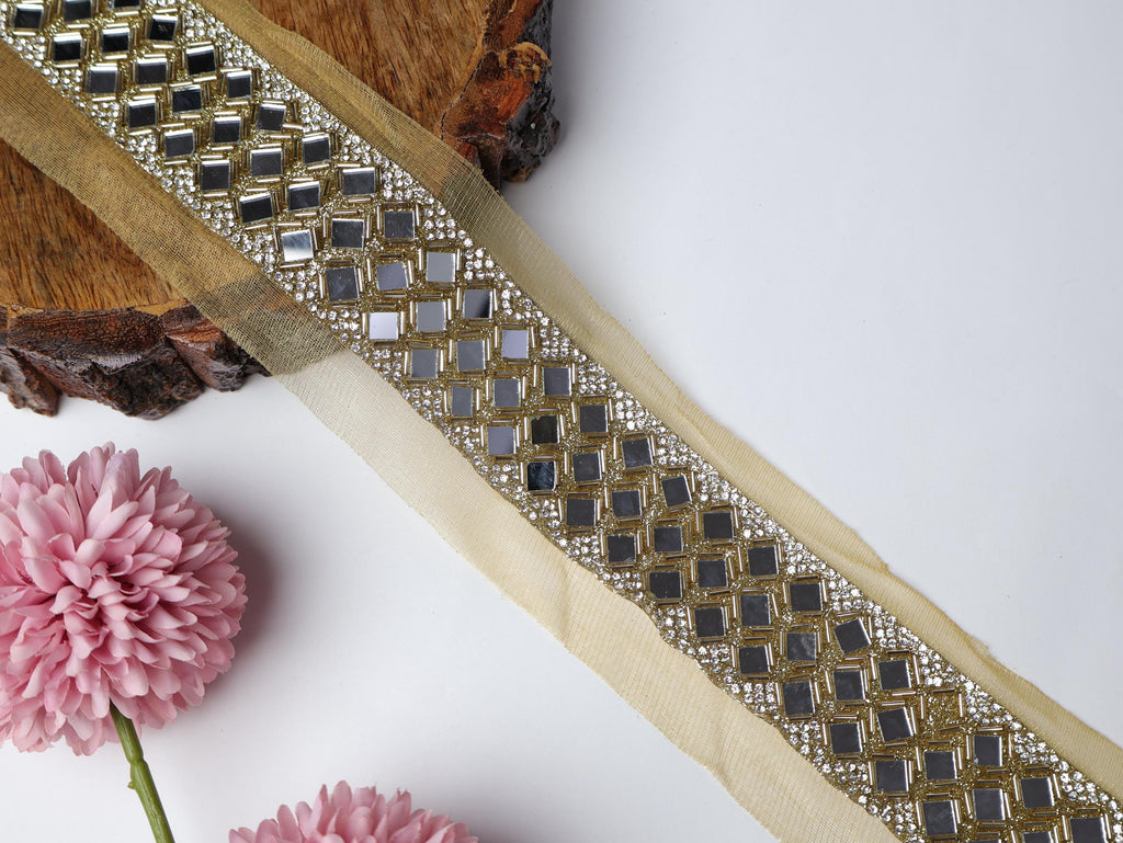 Golden Mirror Sari Border: Zircon & Glass Bead Indian Lace - 4cm Wide