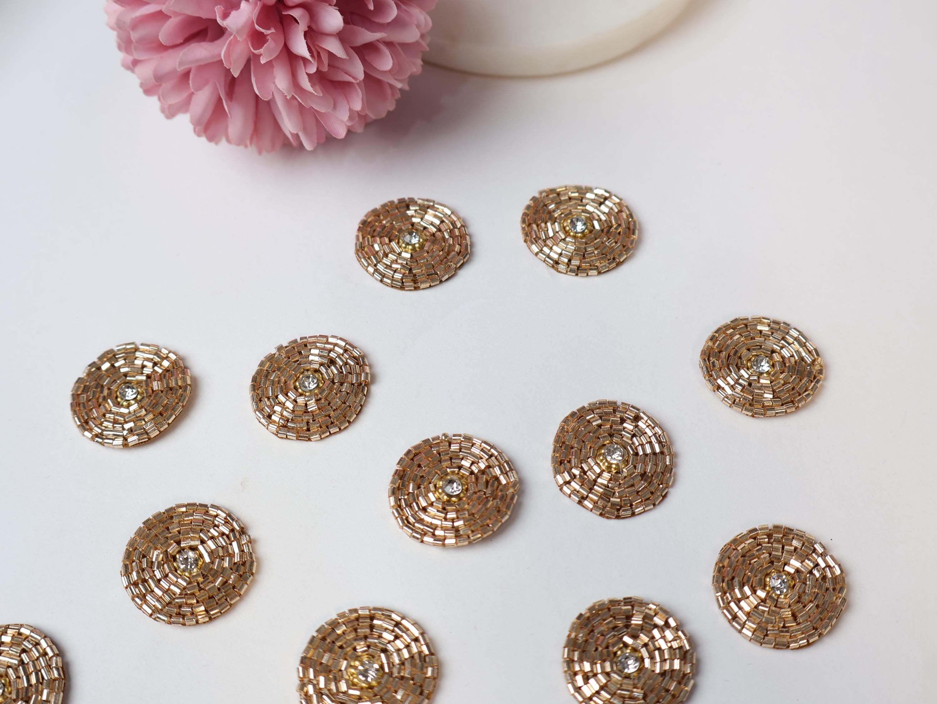 25 Metallic Gold Glass Bead Applique Patches: Sew-On Zircon Embellishments (2.8cm)