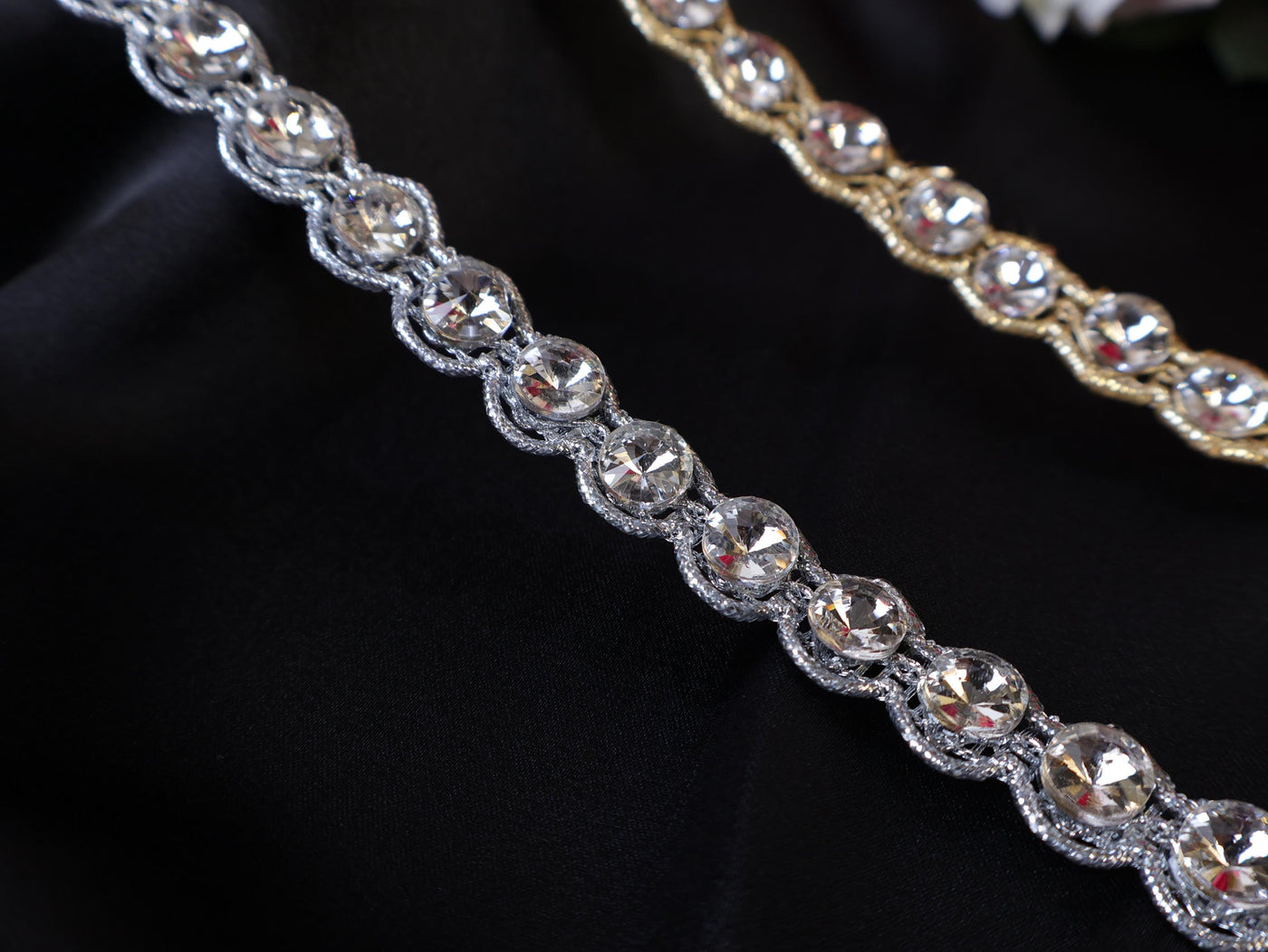 Zircon Crystal Indian Lace Trim: Gold or Silver, 1cm Wide