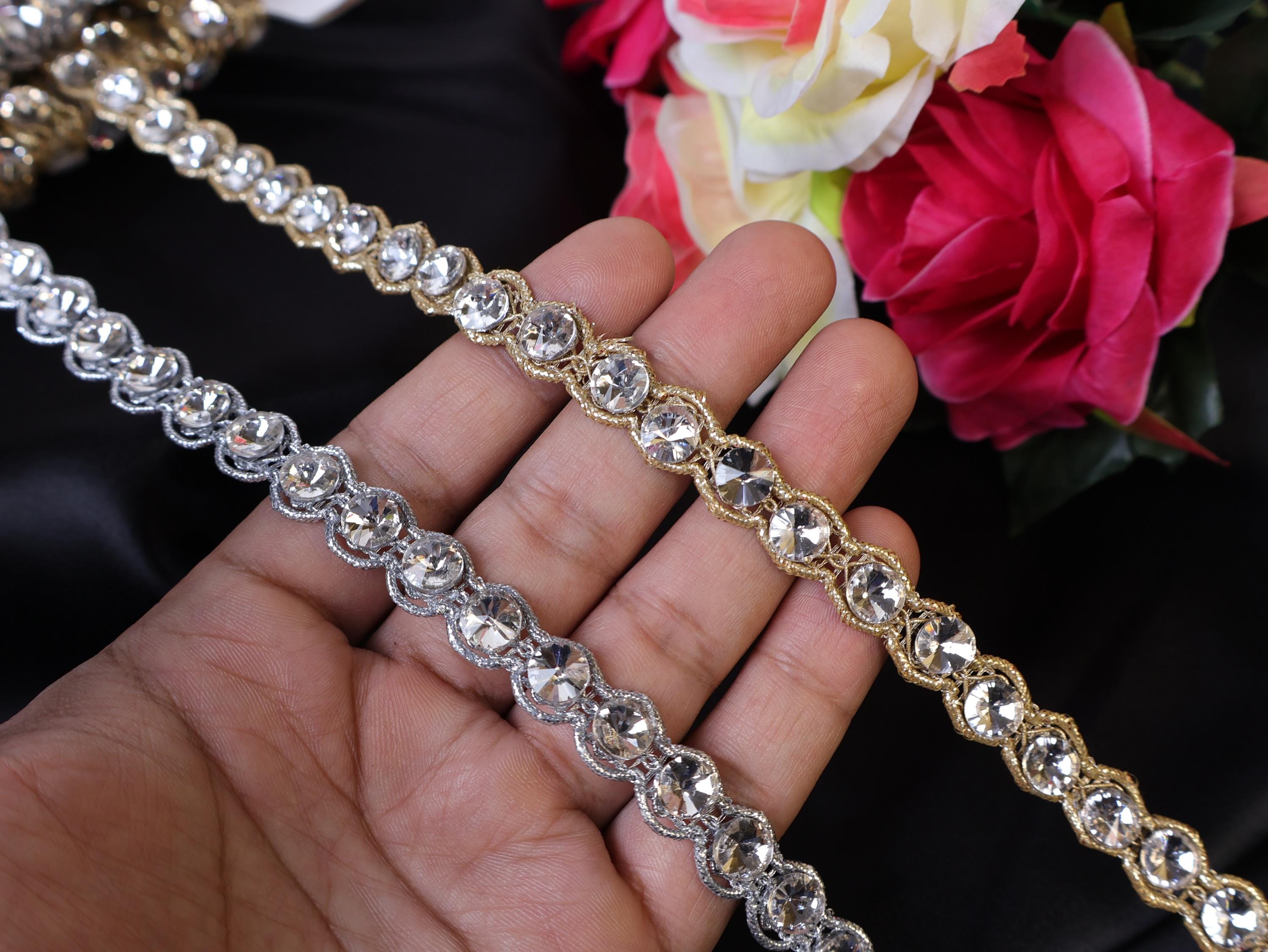 Zircon Crystal Indian Lace Trim: Gold or Silver, 1cm Wide